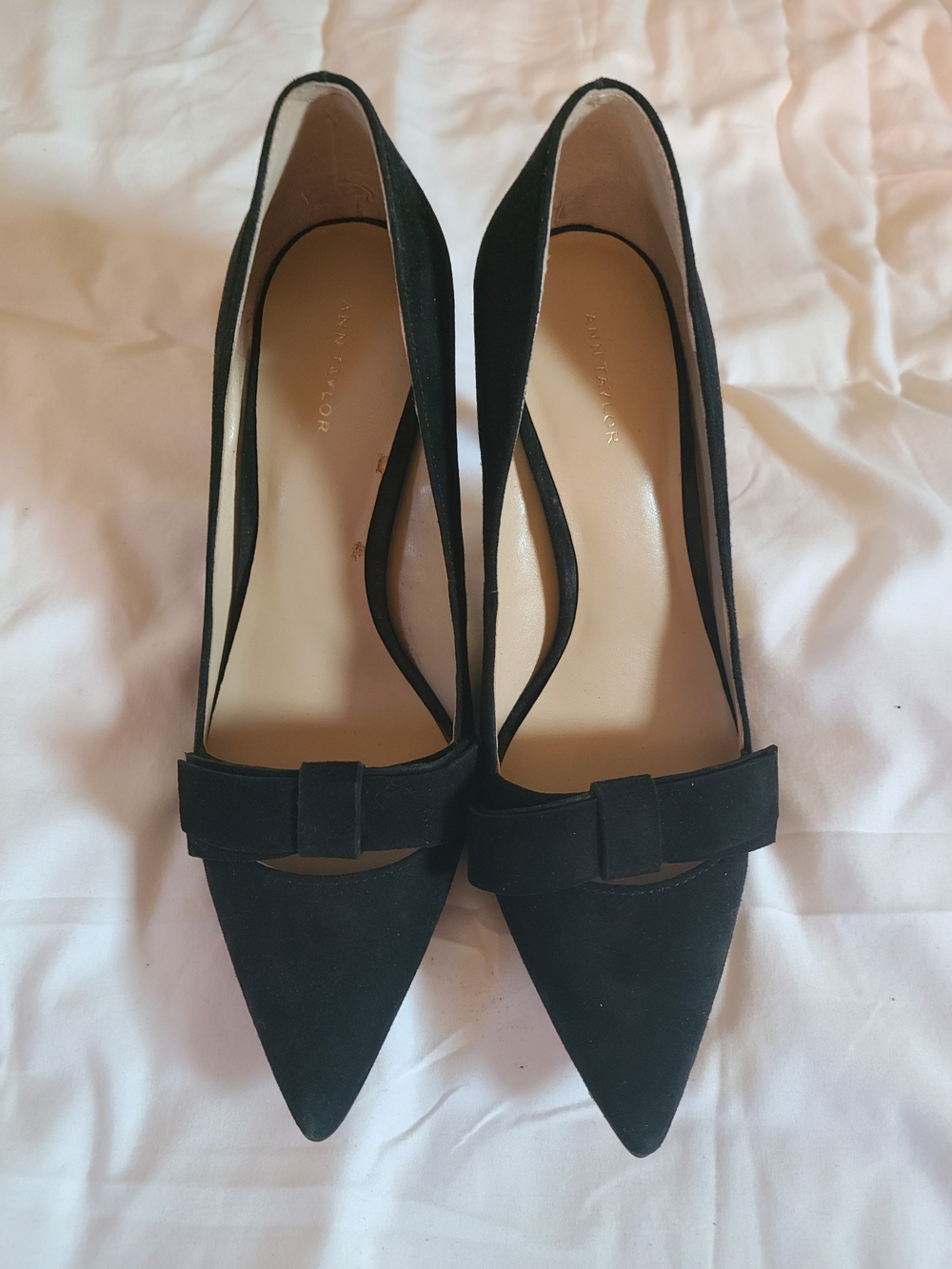 Ann Taylor Black Suede Pointed-Toe Bow Pumps